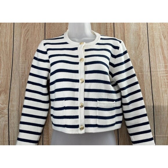 J.Crew Emilie Cardigan Sweater Women's S White Striped Knit Button Detail Cotton